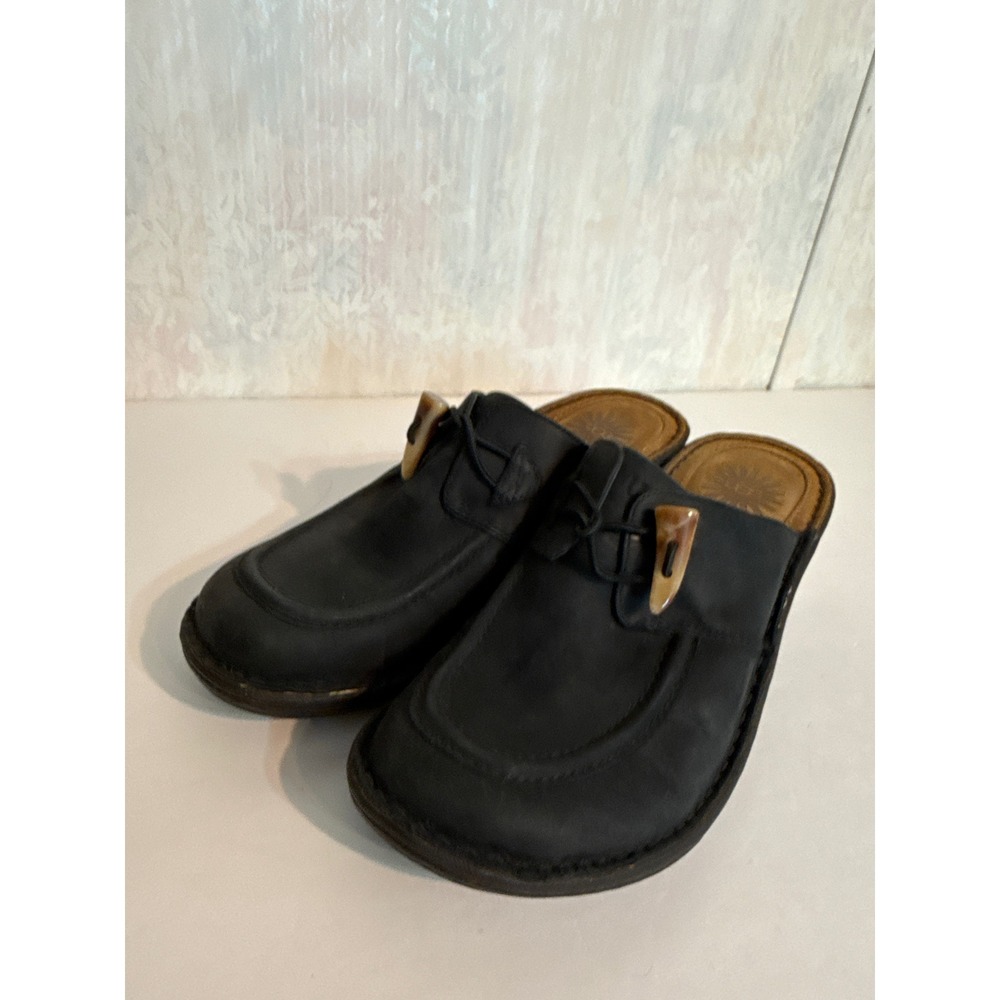 UGG Australia Black Leather Toggle Clogs Shearling Lined Wedge Mules W7 F89